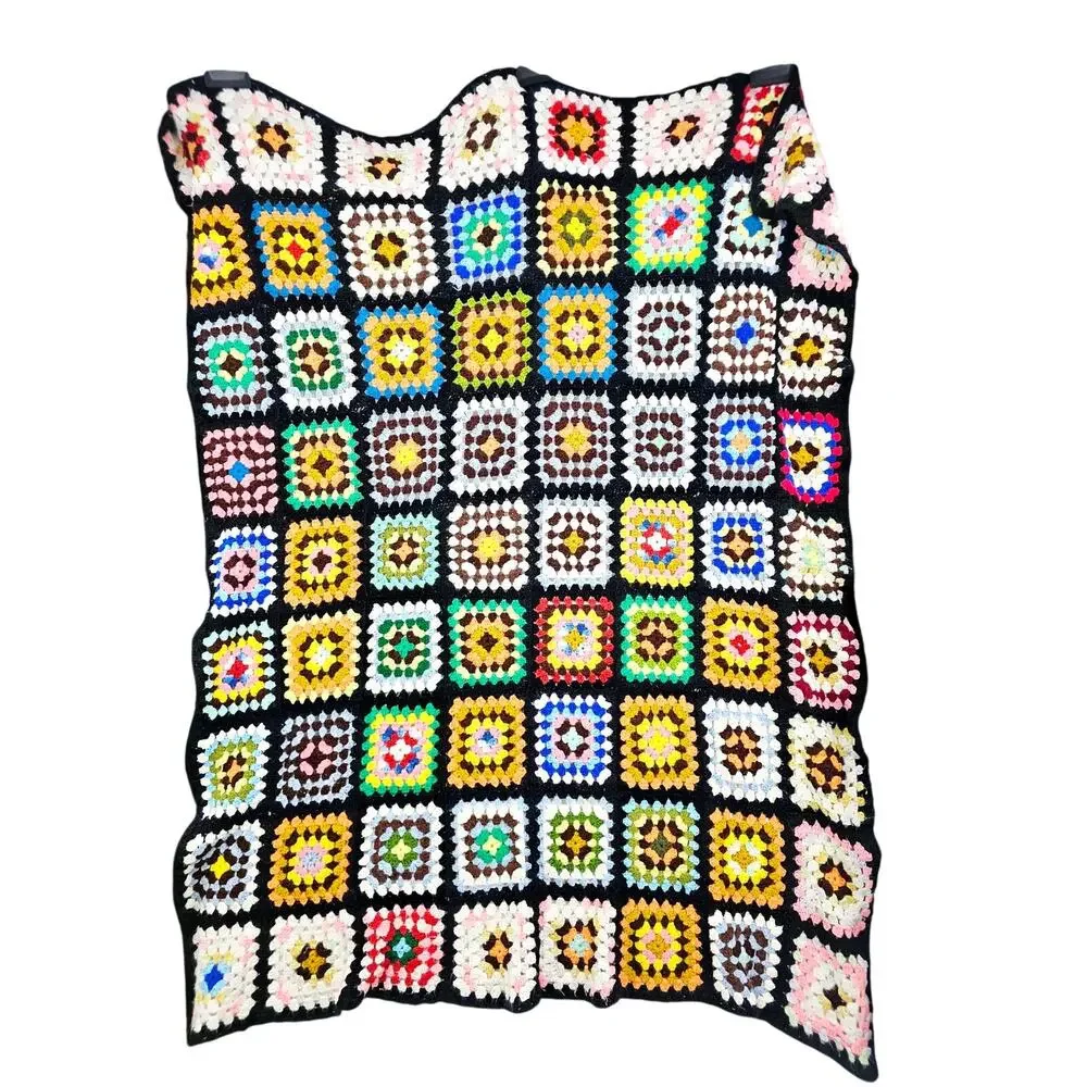 Vintage 70s Granny Square Afghan Crochet Throw Blanket Multicolor 65x50 Cottage